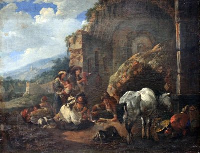 Campamento gitano en una ruina romana de Johann Heinrich Roos